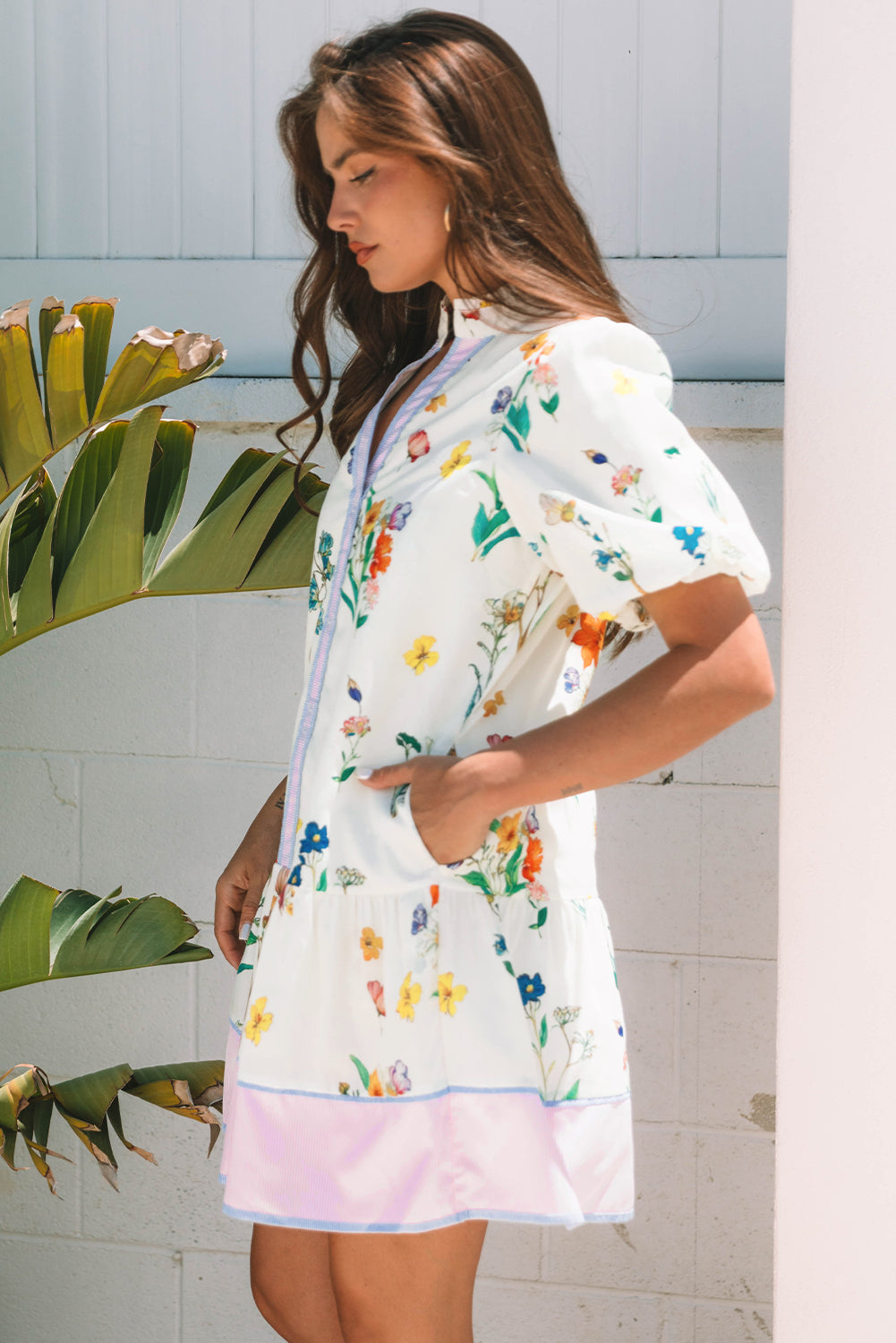 White Floral Print Contrast Striped Patchwork Short Puff Sleeve Dress