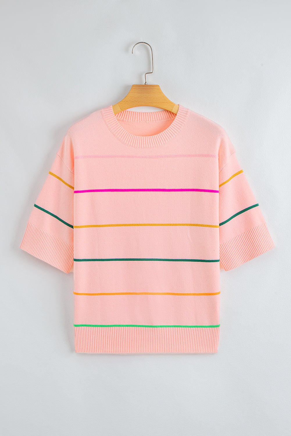 Green Colorblock Striped Half Sleeve Drop Shoulder Sweater