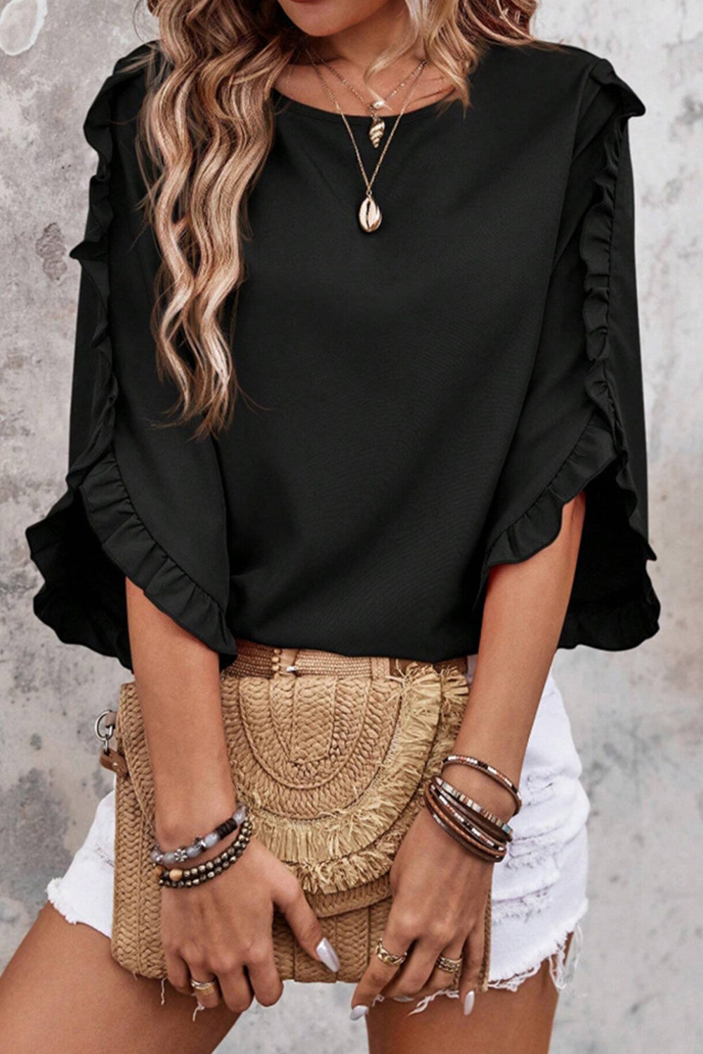 Fiery Red Ruffle Trimmed 3/4 Sleeve Round Neck Blouse