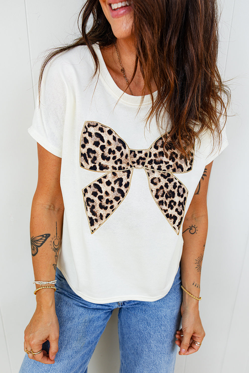 Pink Leopard Bow Embroidered Cotton Round Neck T Shirt