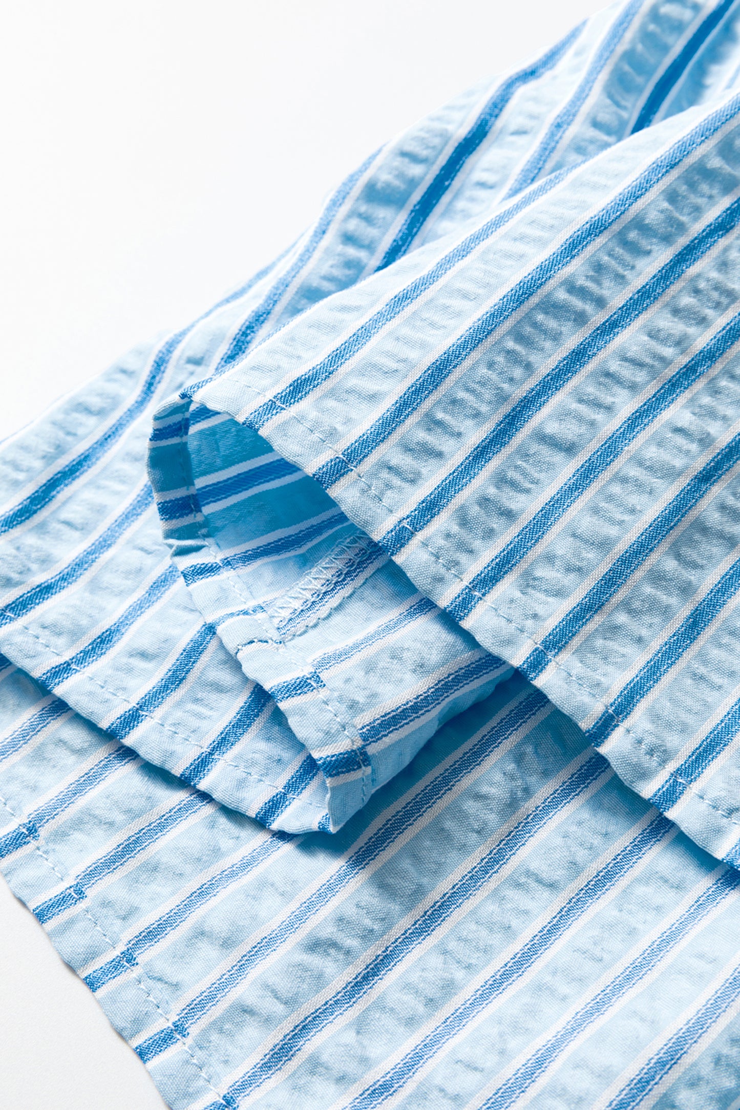 Sky Blue Stripe Bow Knot Textured Short Puff Sleeve Babydoll Blouse