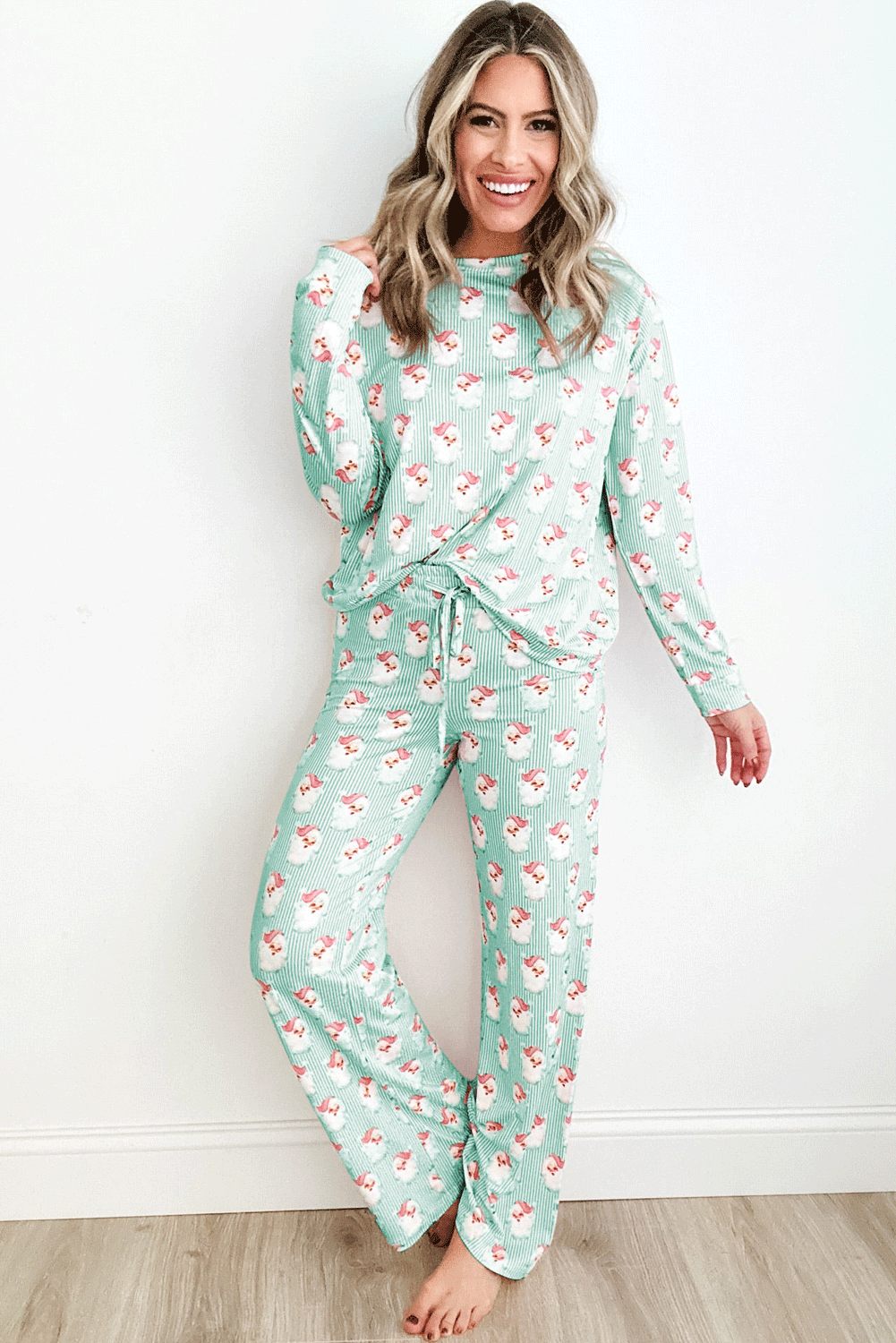 Sky Blue Santa Claus Striped Print Loose Fit Two Piece Lounge Set