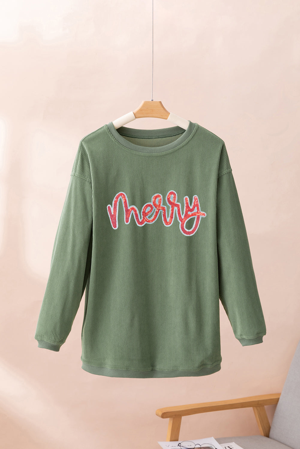 Grass Green Sequined merry Letter Graphic Twisted Ribbed Baggy Sweatshirt