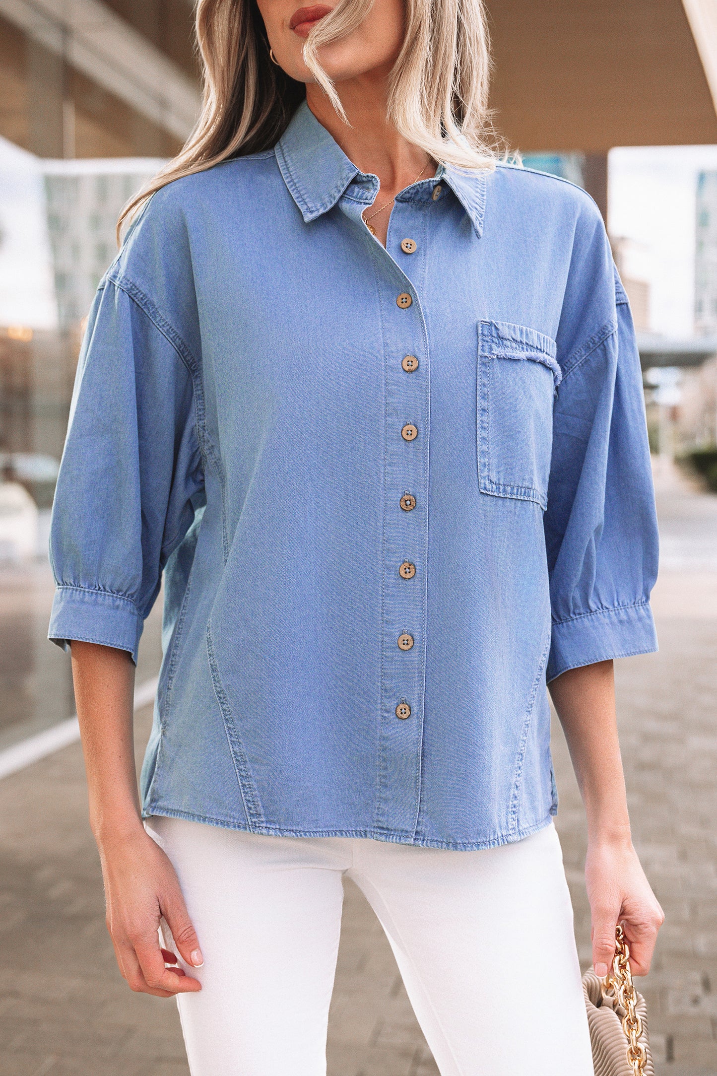Myosotis Washed Drop Shoulder Bracelet Sleeve Chambray Shirt