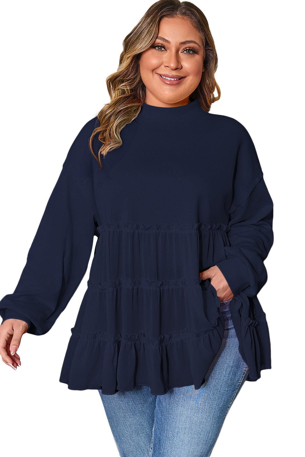 Pink Tiered Ruffle Ribbed Crew Neck Pullover Plus Size Top