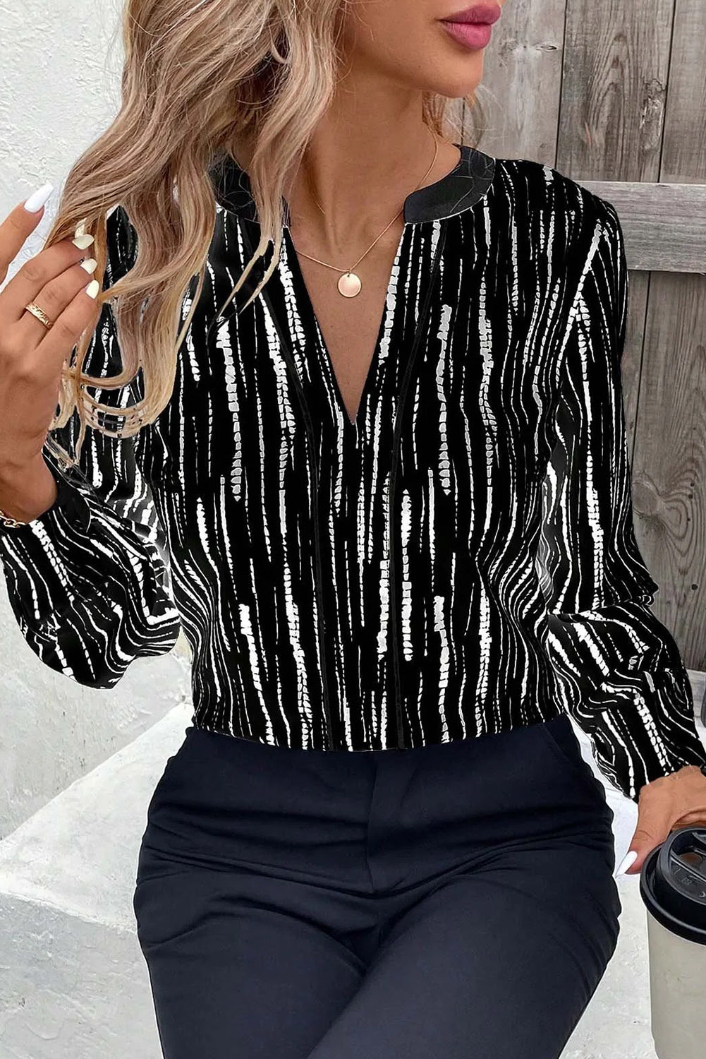 White Abstract Printed V Neck Fall Blouse