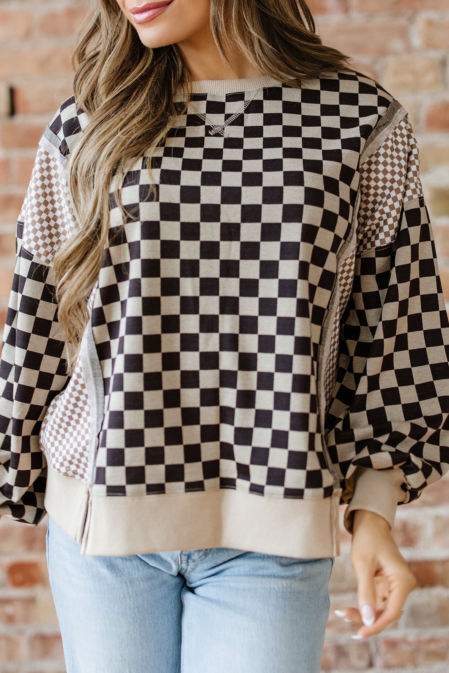Khaki Mixed Checkered Pattern Patchwork High Low Casual Top