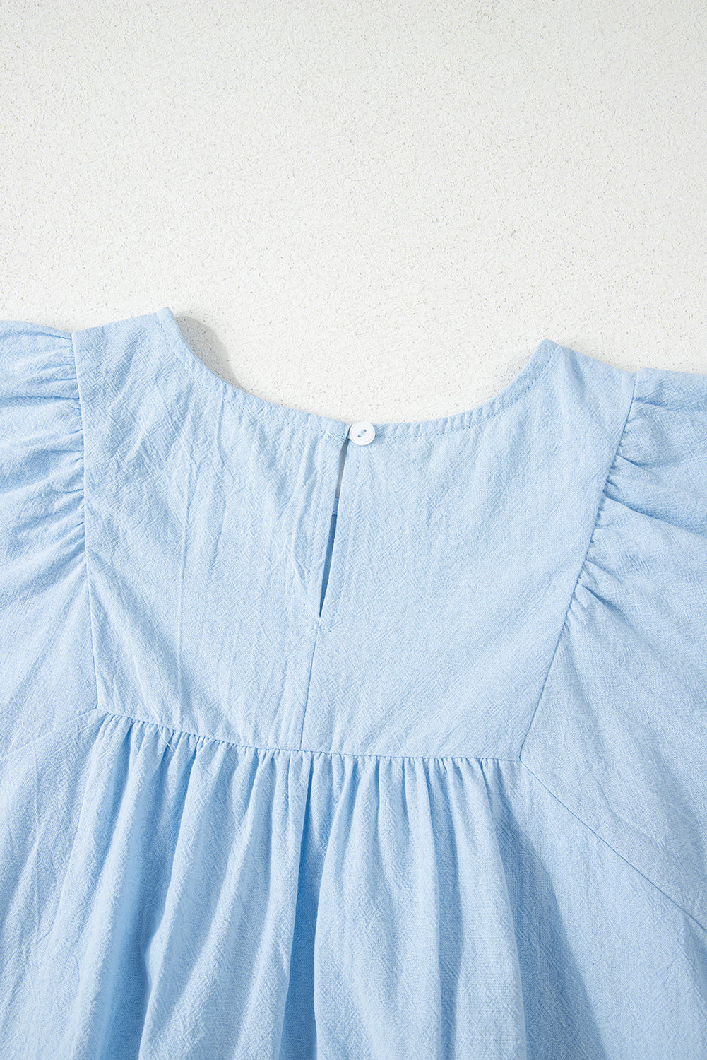 Beau Blue Solid Color Embroidered Scalloped Sleeves Crew Neck Blouse