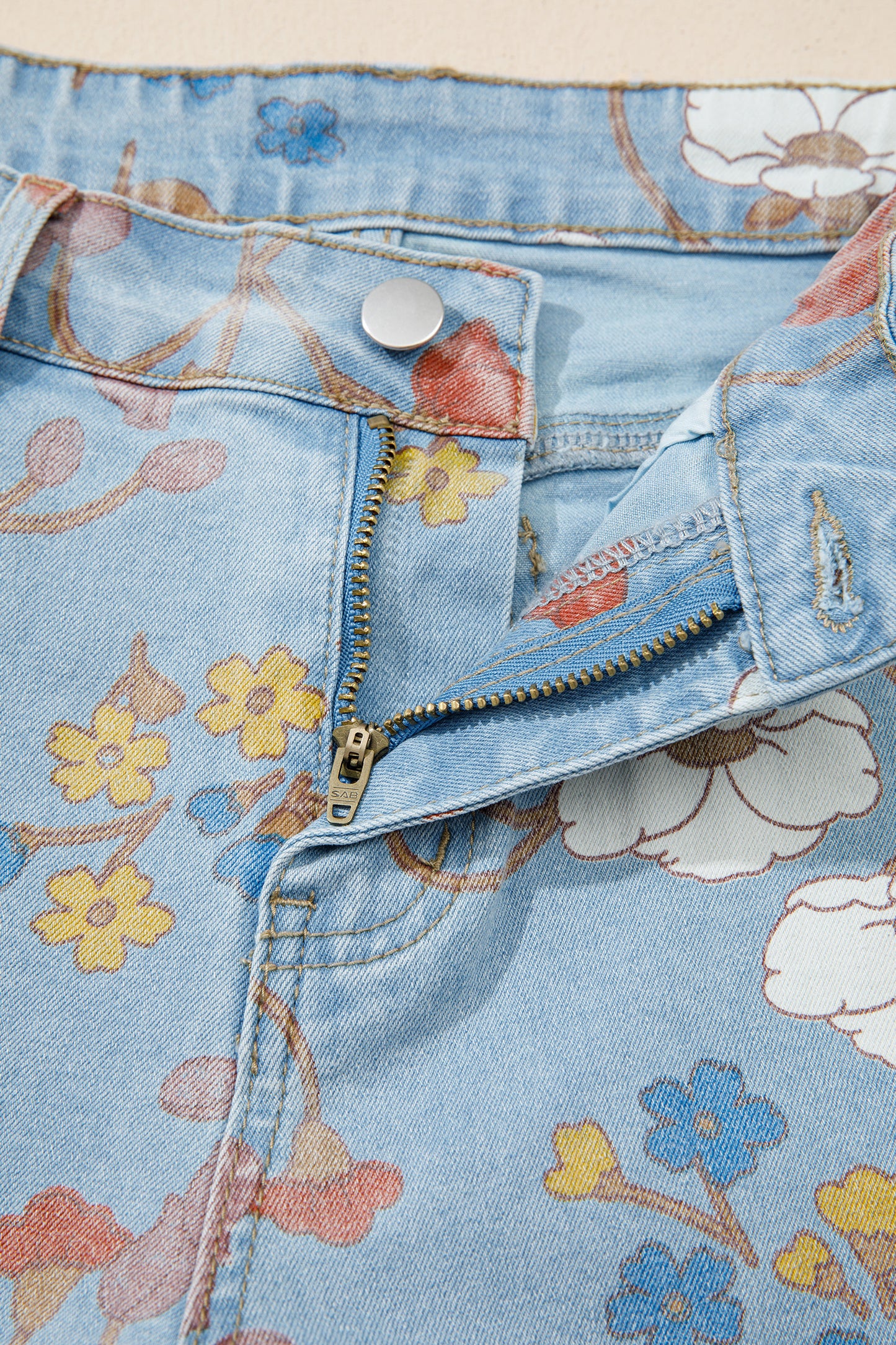 Sky Blue Floral Printed Raw Hem Shift Jeans