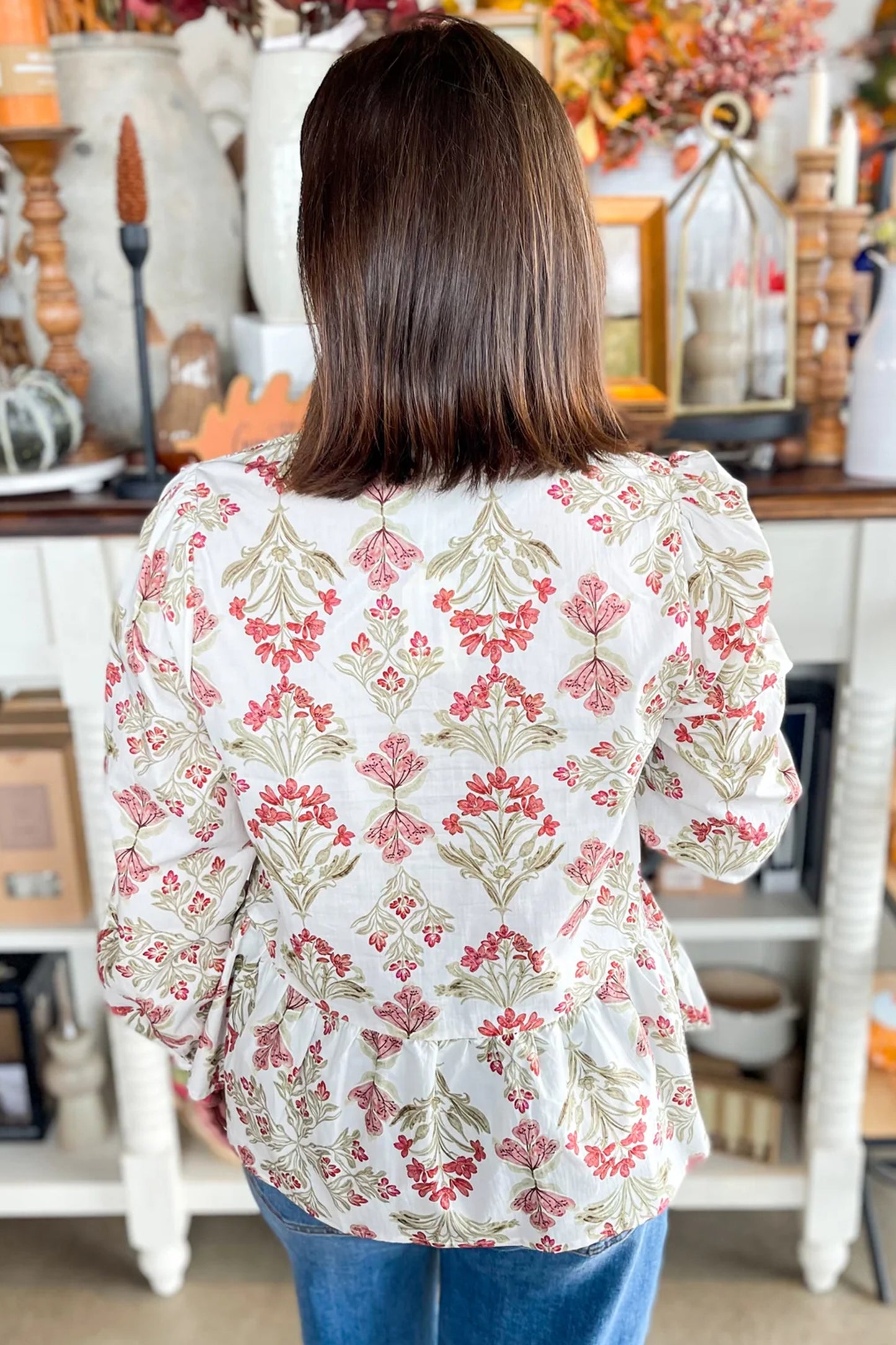 Floral Print Frilled Color Block Trim V Neck Long Sleeve Peplum Top