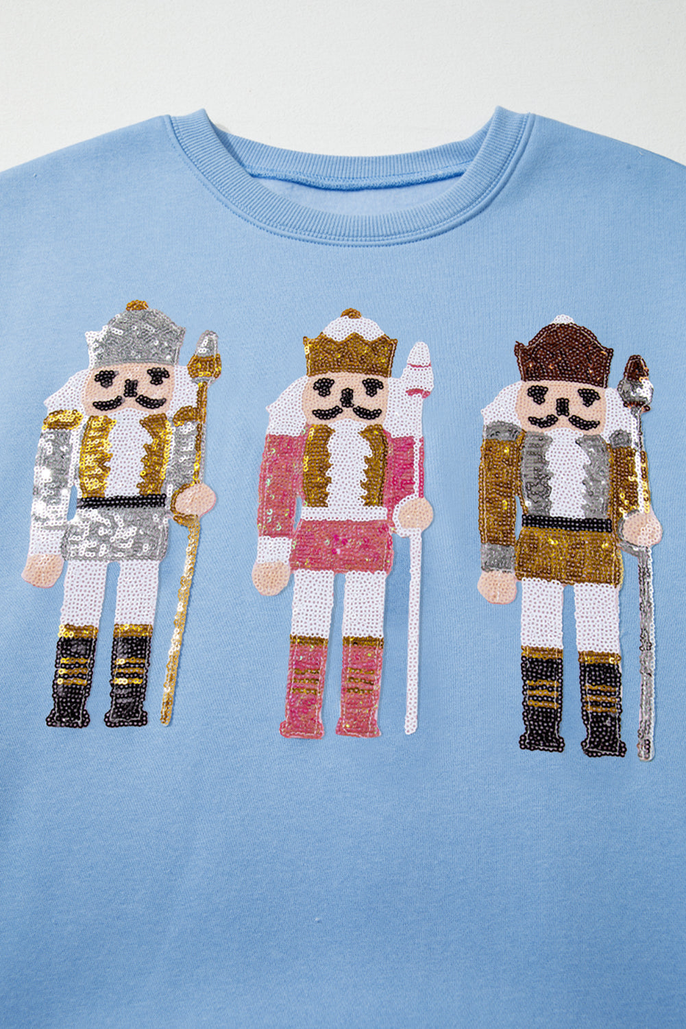 Light Pink Sequin Nutcracker Textured Sleeve Patchwork Color Block Sweatshirt