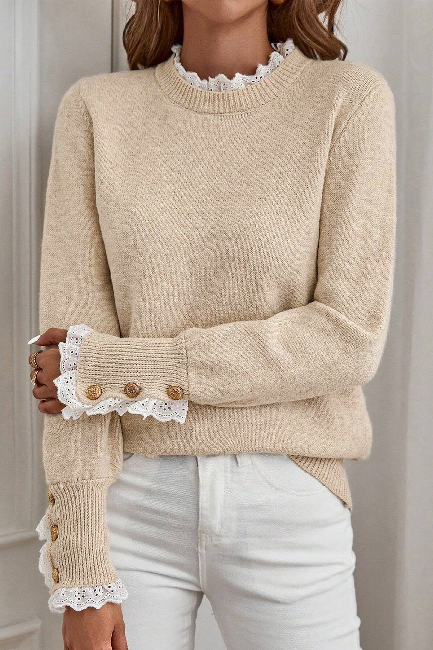 Sleet Lace Trim Patchwork Buttoned Cuffs Loose Sweater