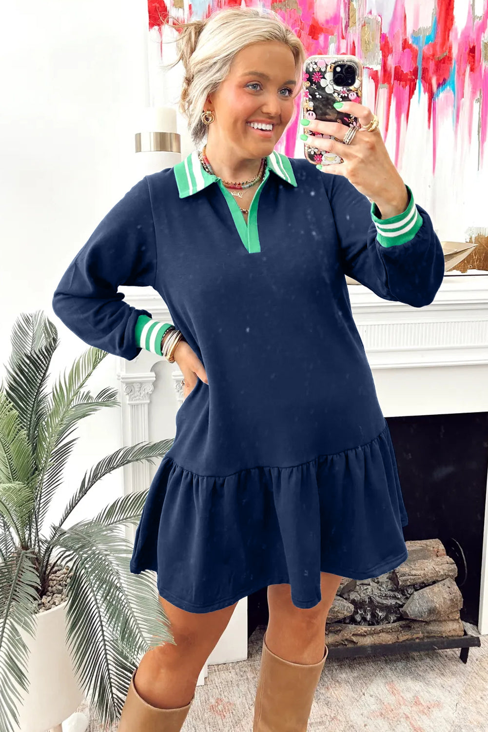 Navy Blue Contrast Striped Cuffs Polo Collar Patchwork Long Sleeve Ruffle Hem Mini Dress