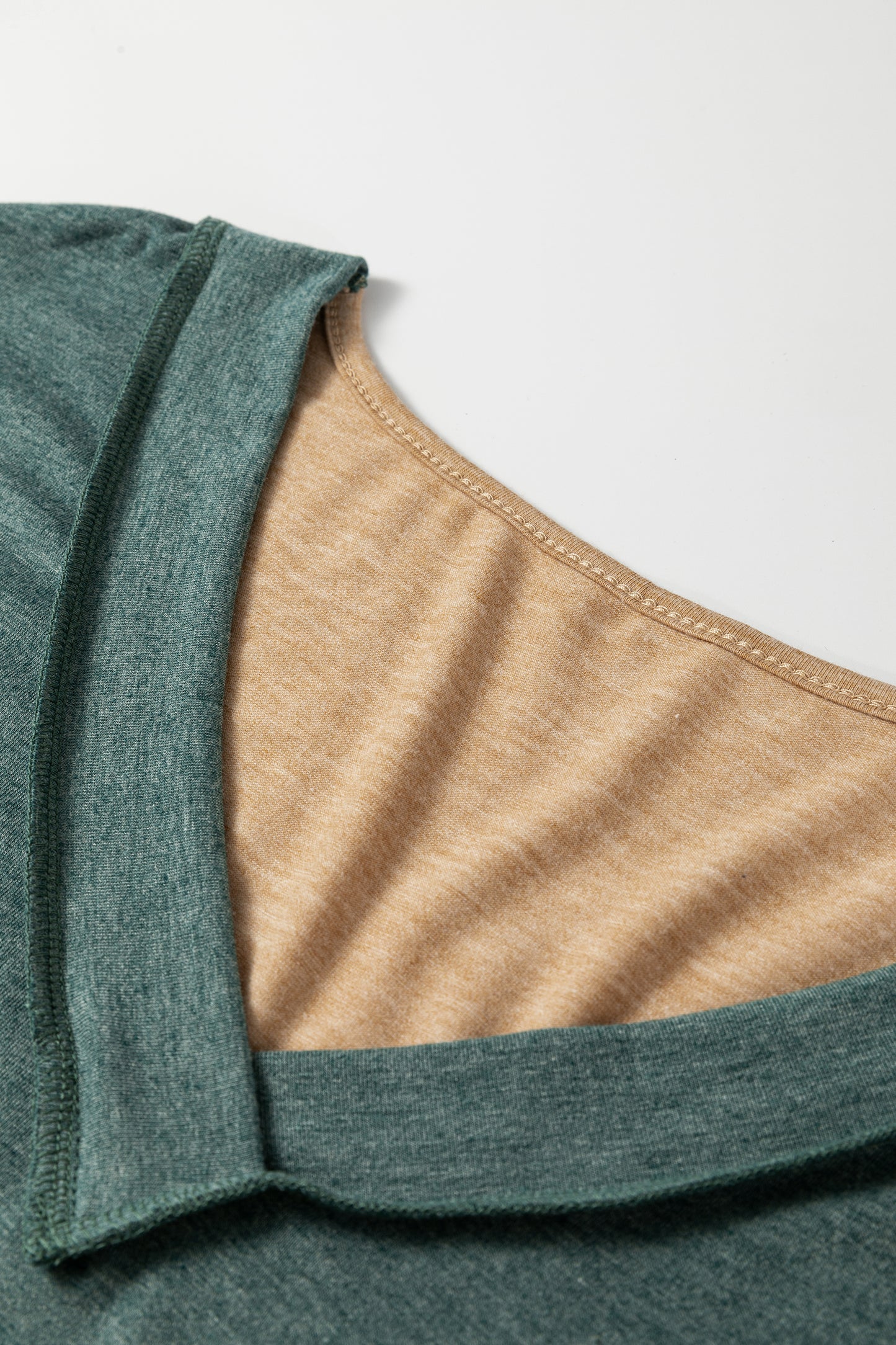 Jungle Green Exposed Stitching Colorblock V Neck Long Sleeve Top