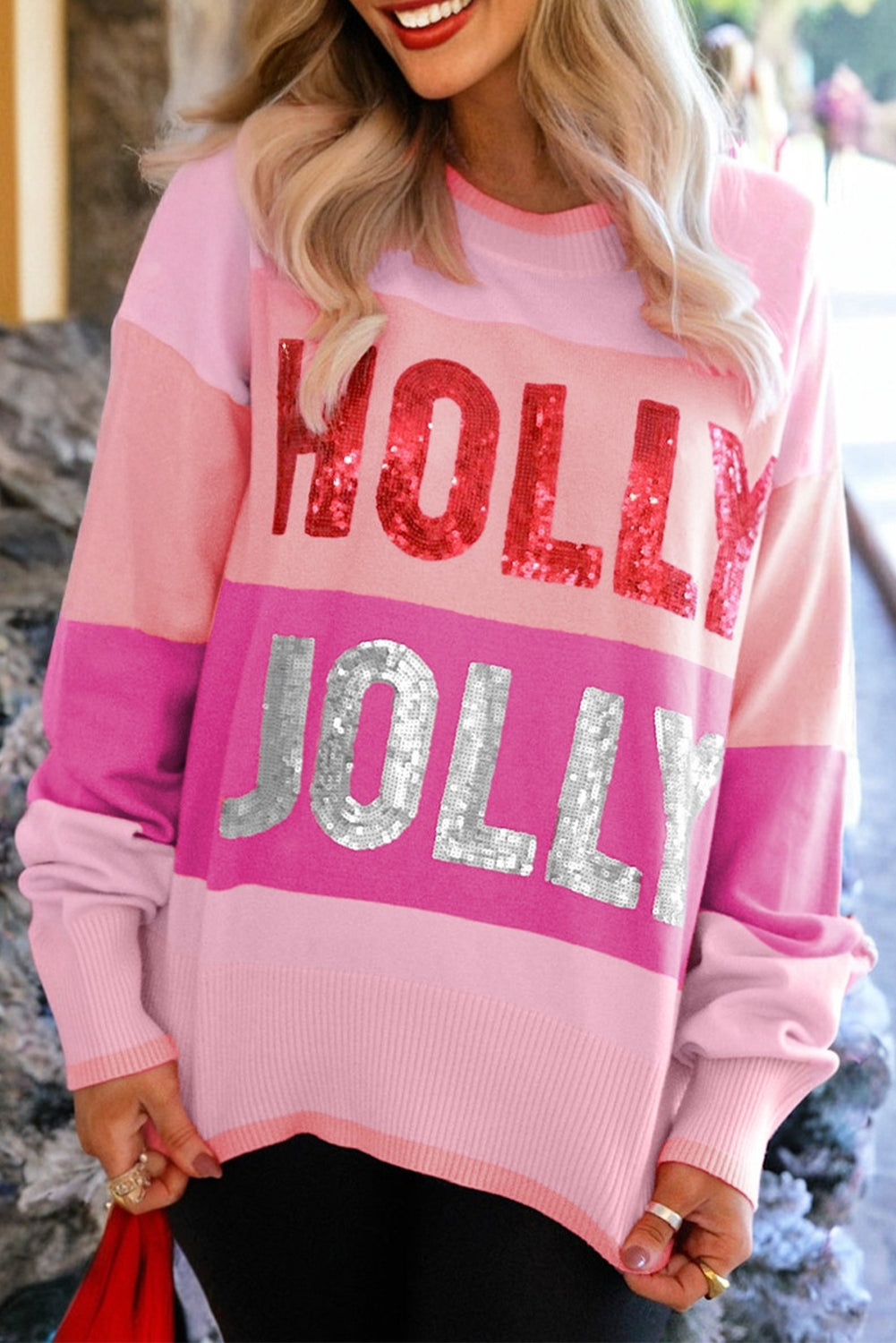 Green Sequined HOLLY JOLLY Color Block Crew Neck Sweater