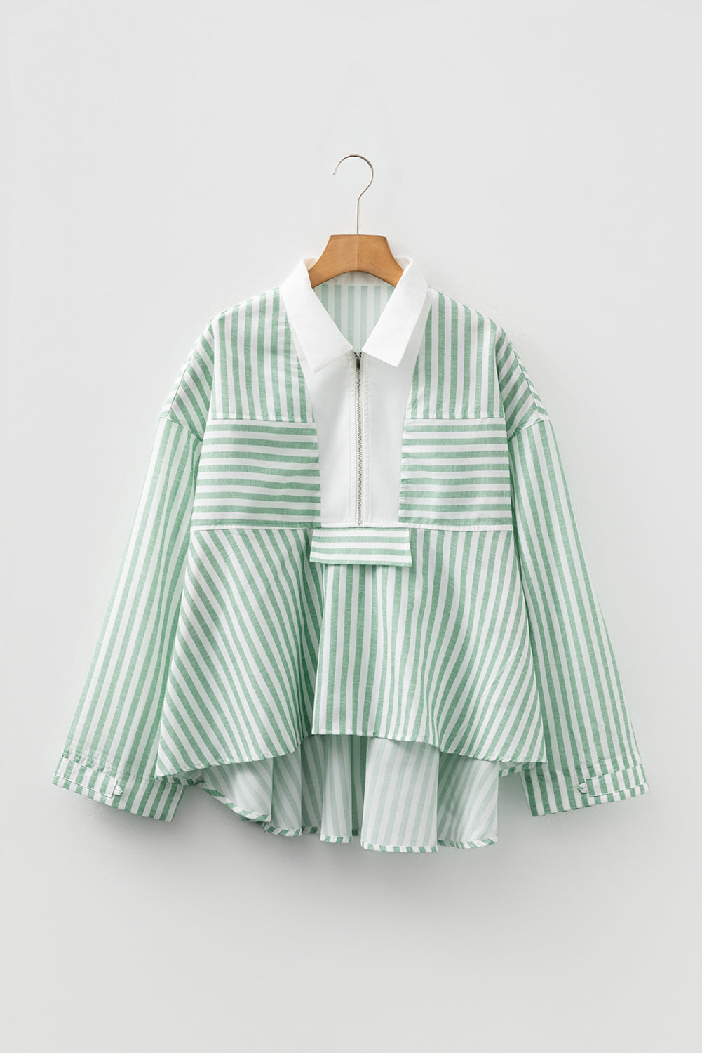 Green Stripe Half Zip Long Sleeve Swing Top