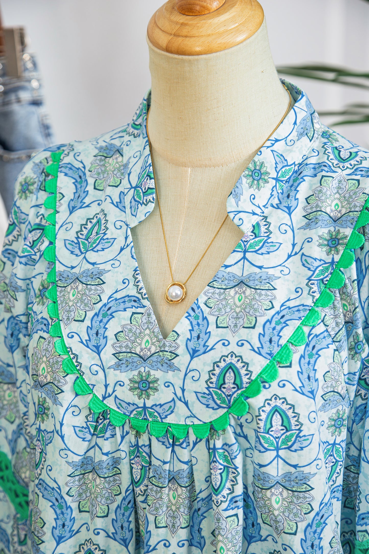 Sky Blue Boho Paisley Print Contrasted Patchwork Detail Bracelet Sleeve Loose Mini Dress