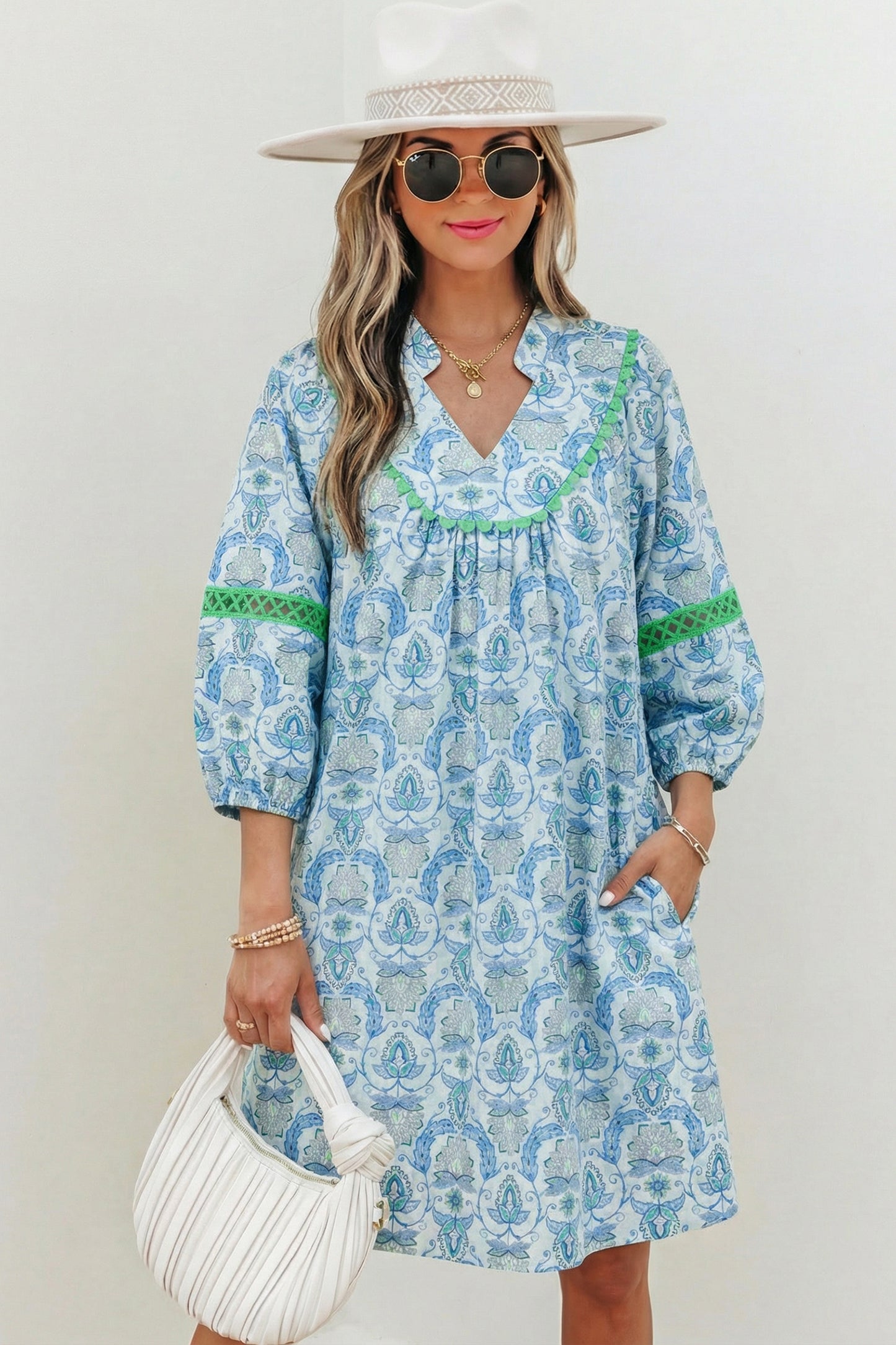 Sky Blue Boho Paisley Print Contrasted Patchwork Detail Bracelet Sleeve Loose Mini Dress