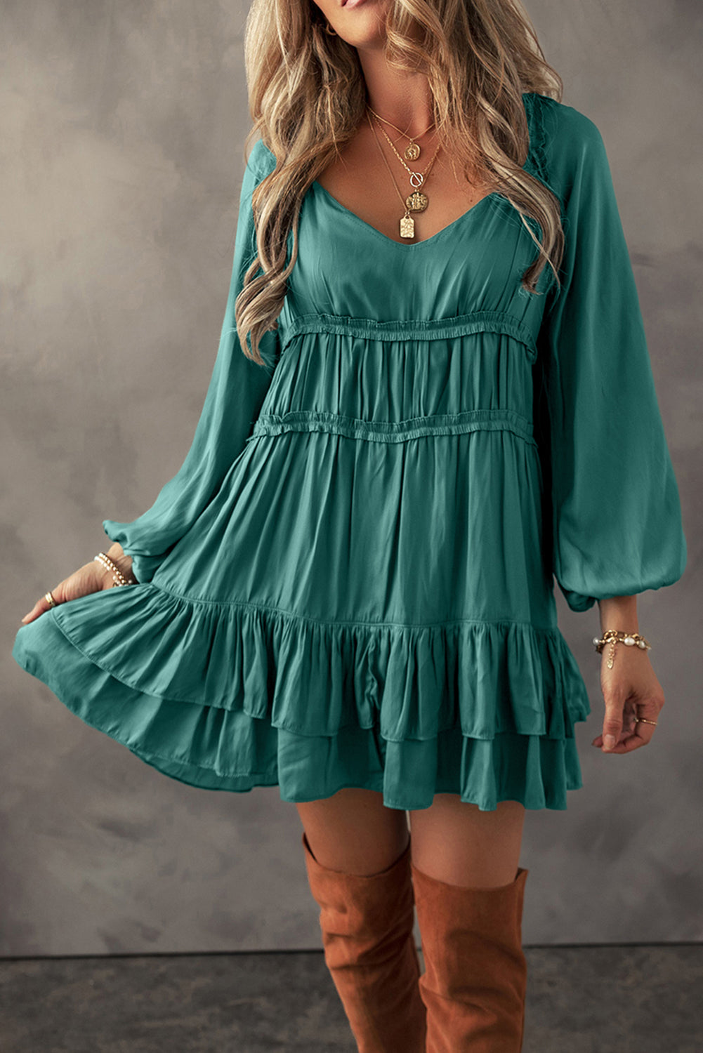 Apricot Tiered Ruffled Puff Sleeve Loose Fit Mini Dress