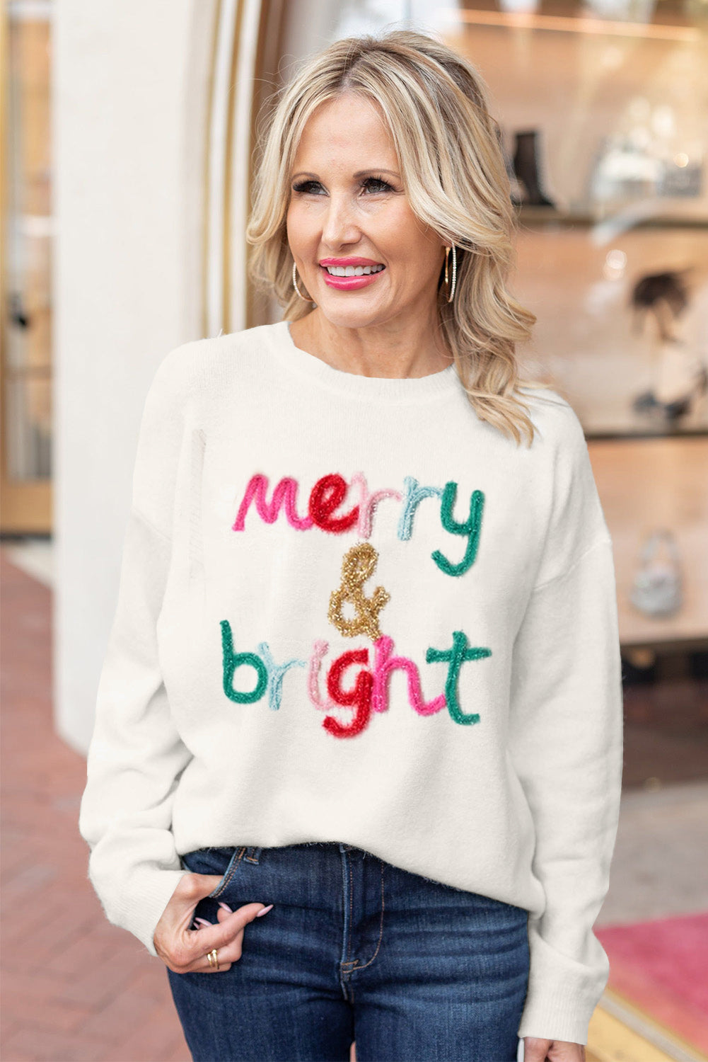 White Holly Jolly Round Neck Casual Sweater