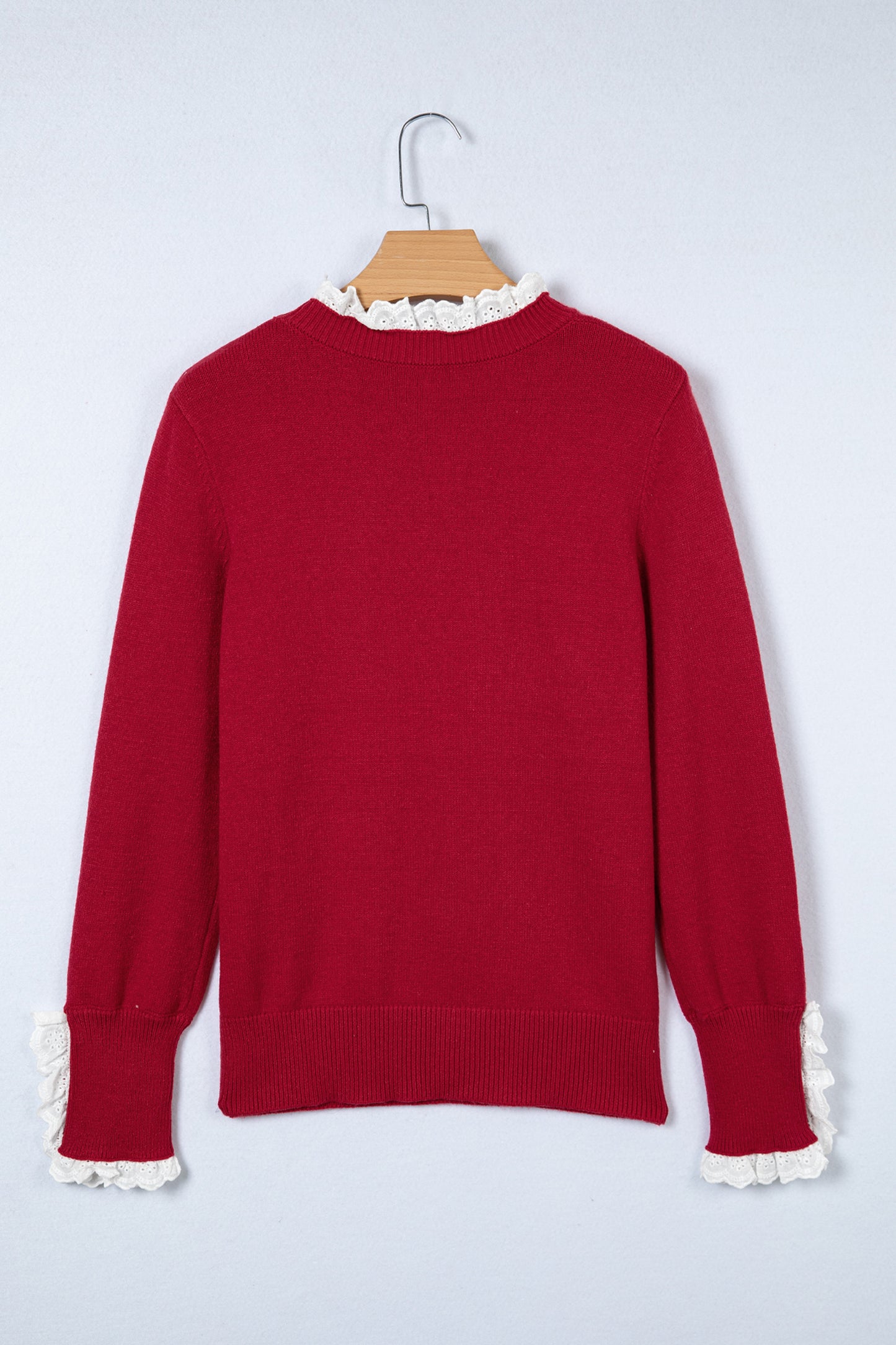 Sleet Lace Trim Patchwork Buttoned Cuffs Loose Sweater