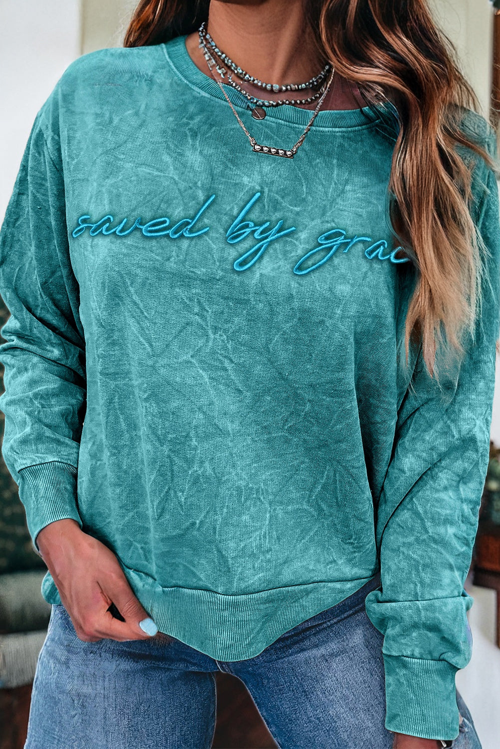 Real Teal saved by grace Letter Embroidery Mineral Wash Loose Sweatshirt