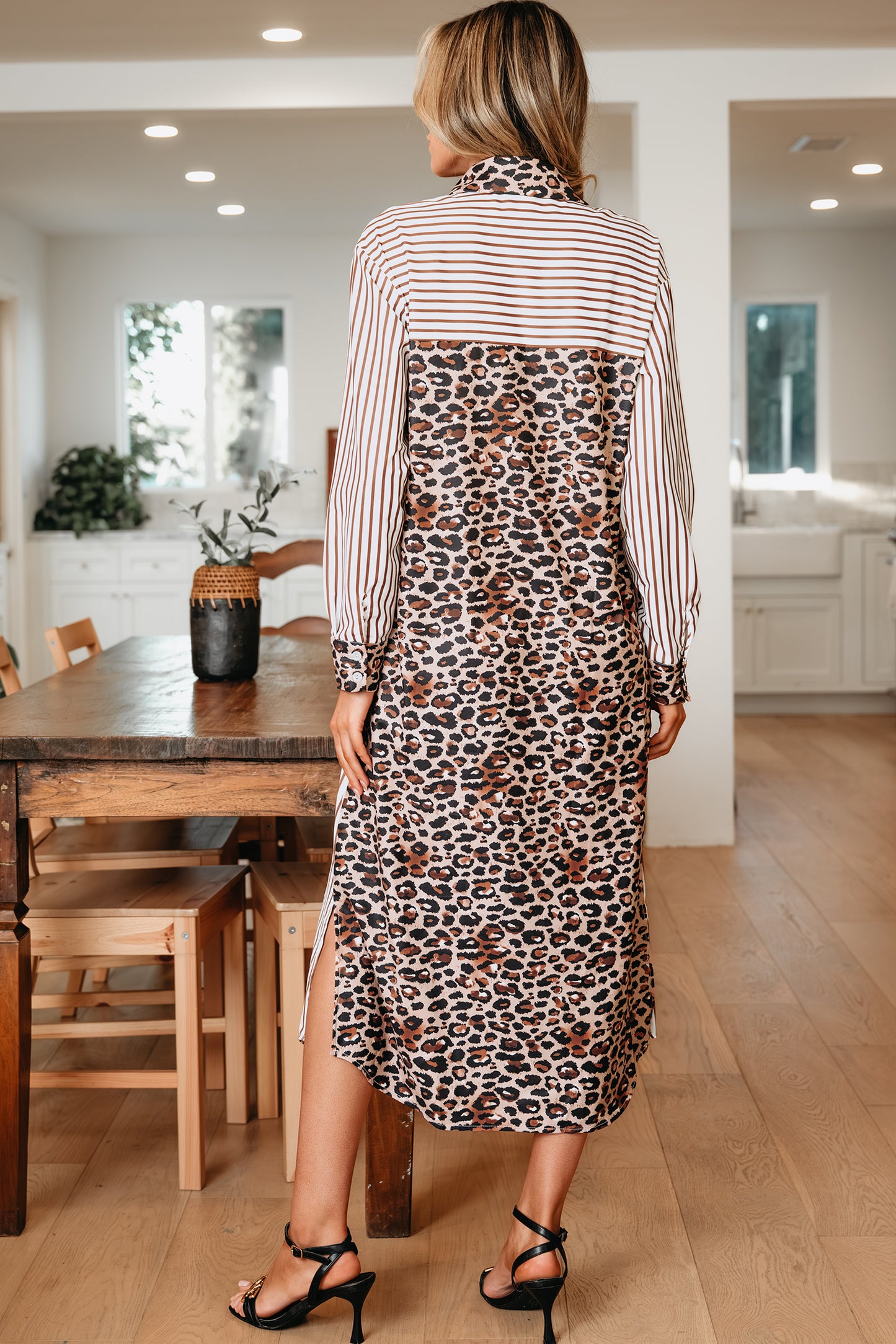 Brown Stripe Contrast Leopard Patchwork Long Shirt Dress with Slits