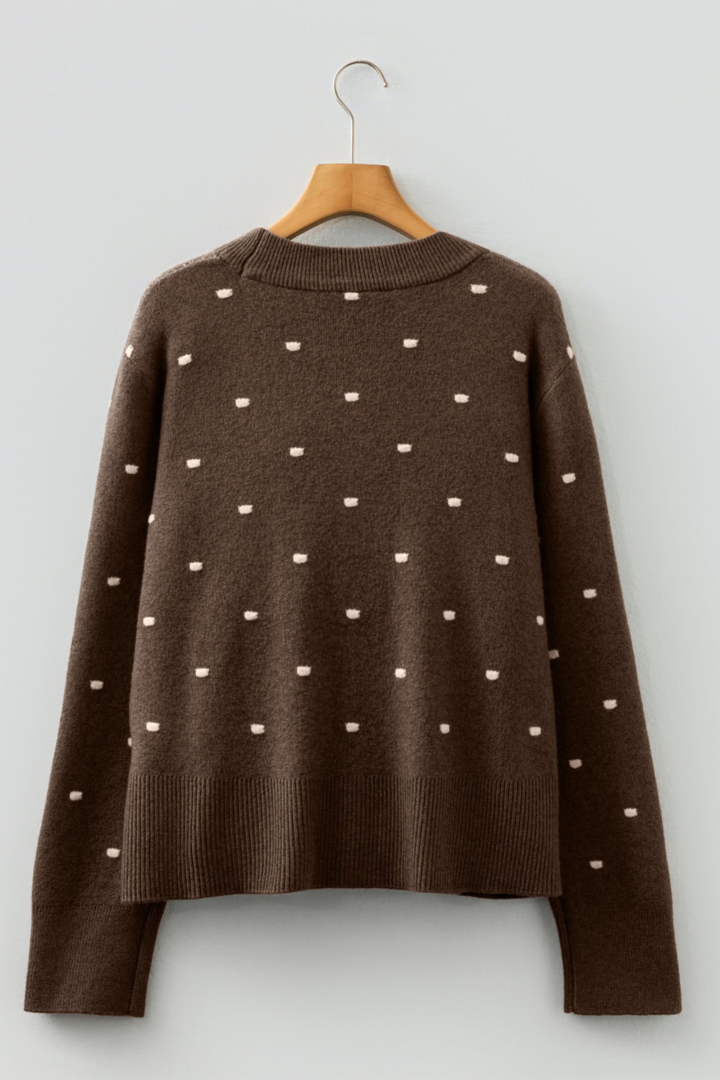 Coffee Dotted Print Ribbed Edge Knit Sweater