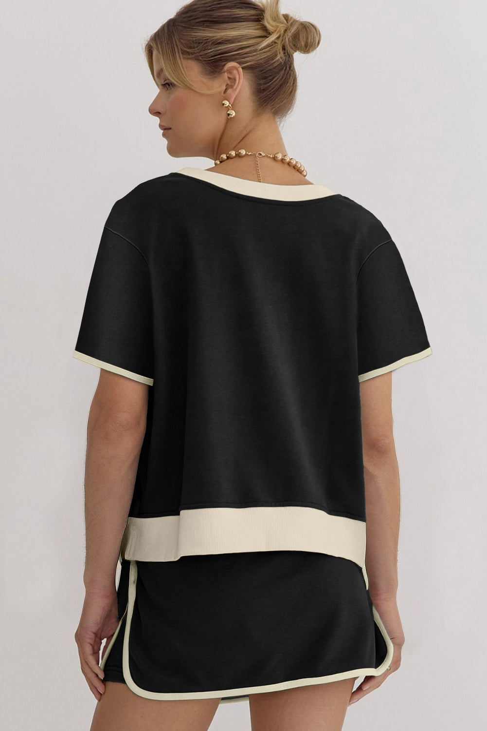 Black Sequin Rugby Football Bow Patched Colorblock Edge Tee and Skort Set