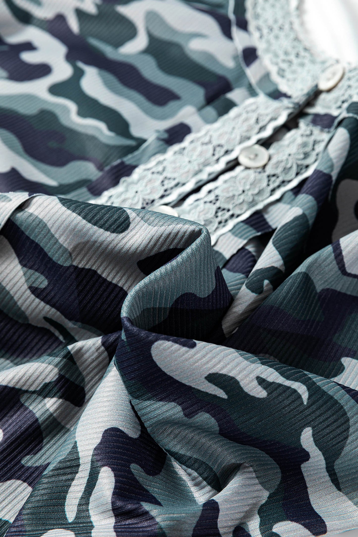 Green Camouflage Print Lace Patchwork Detail Button Long Sleeve Top