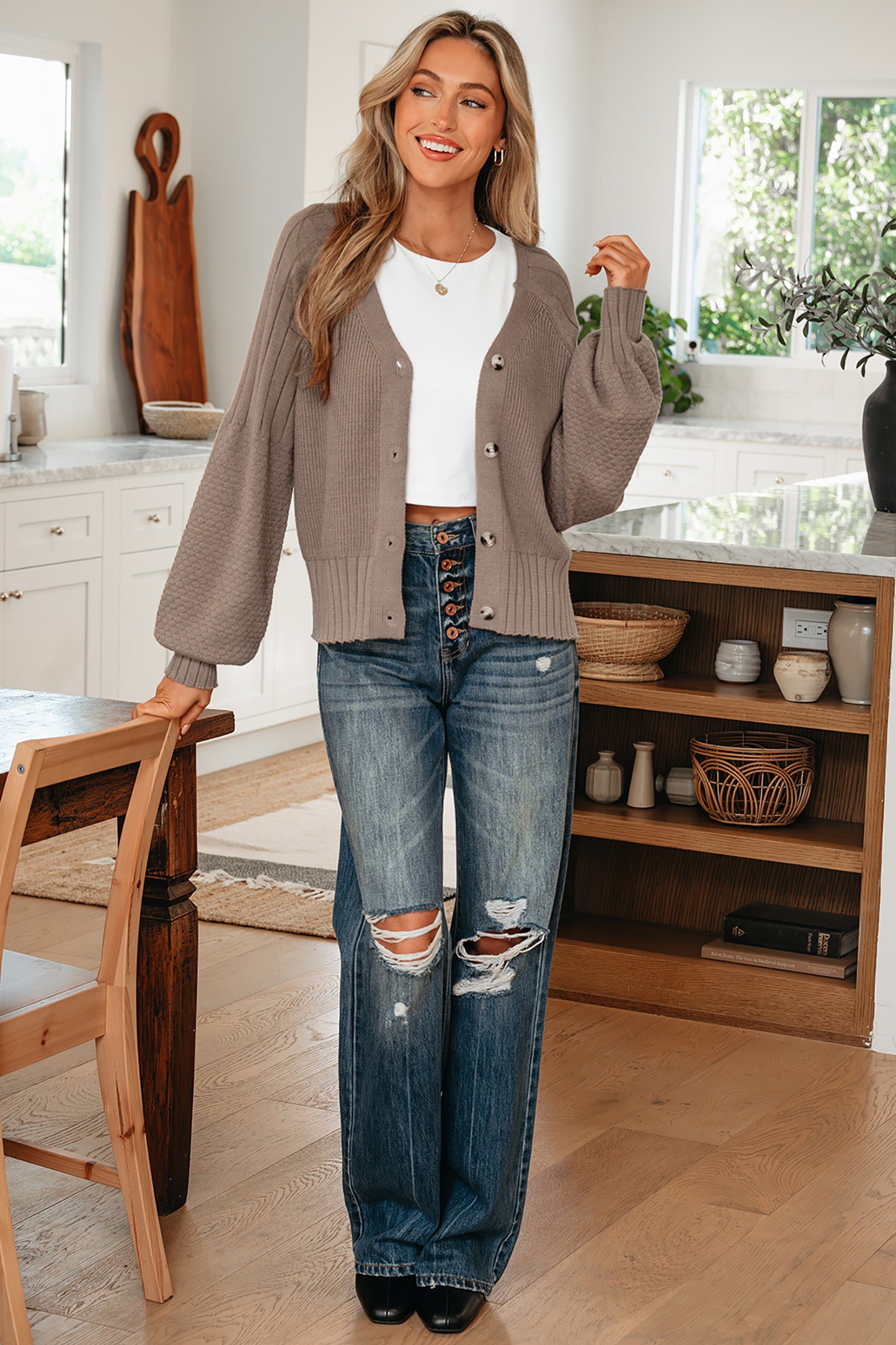 Goat Mixed Texture Knit Button V Neck Sweater Cardigan