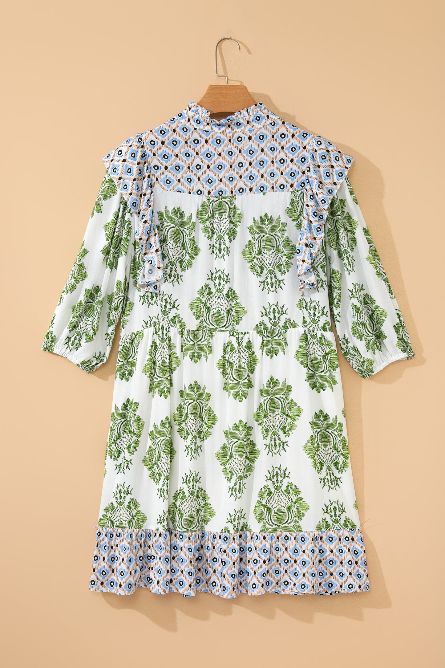 Green Floral Print Contrast Patchwork Ruffle Detail Mini Dress