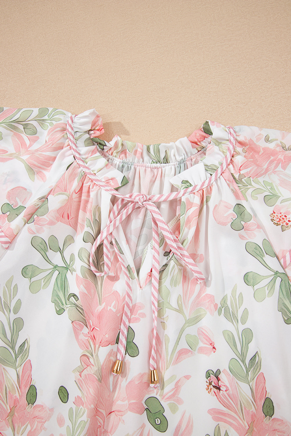 Pink Floral Print Striped Contrast Tiered Ruffled Sleeve V Neck Blouse