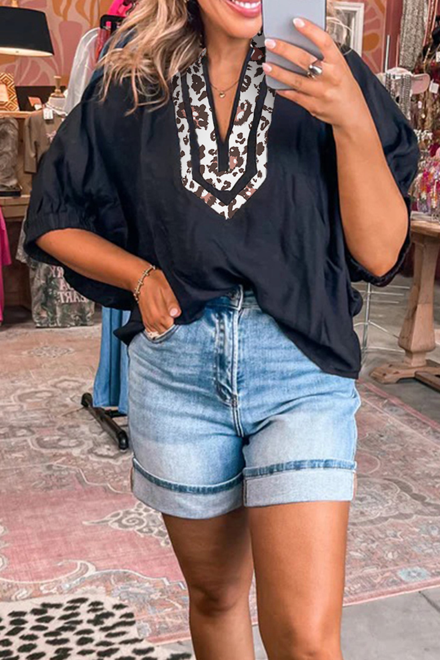 Rose Red Dolman Half Sleeve Leopard Patchwork Trim V Neck Blouse