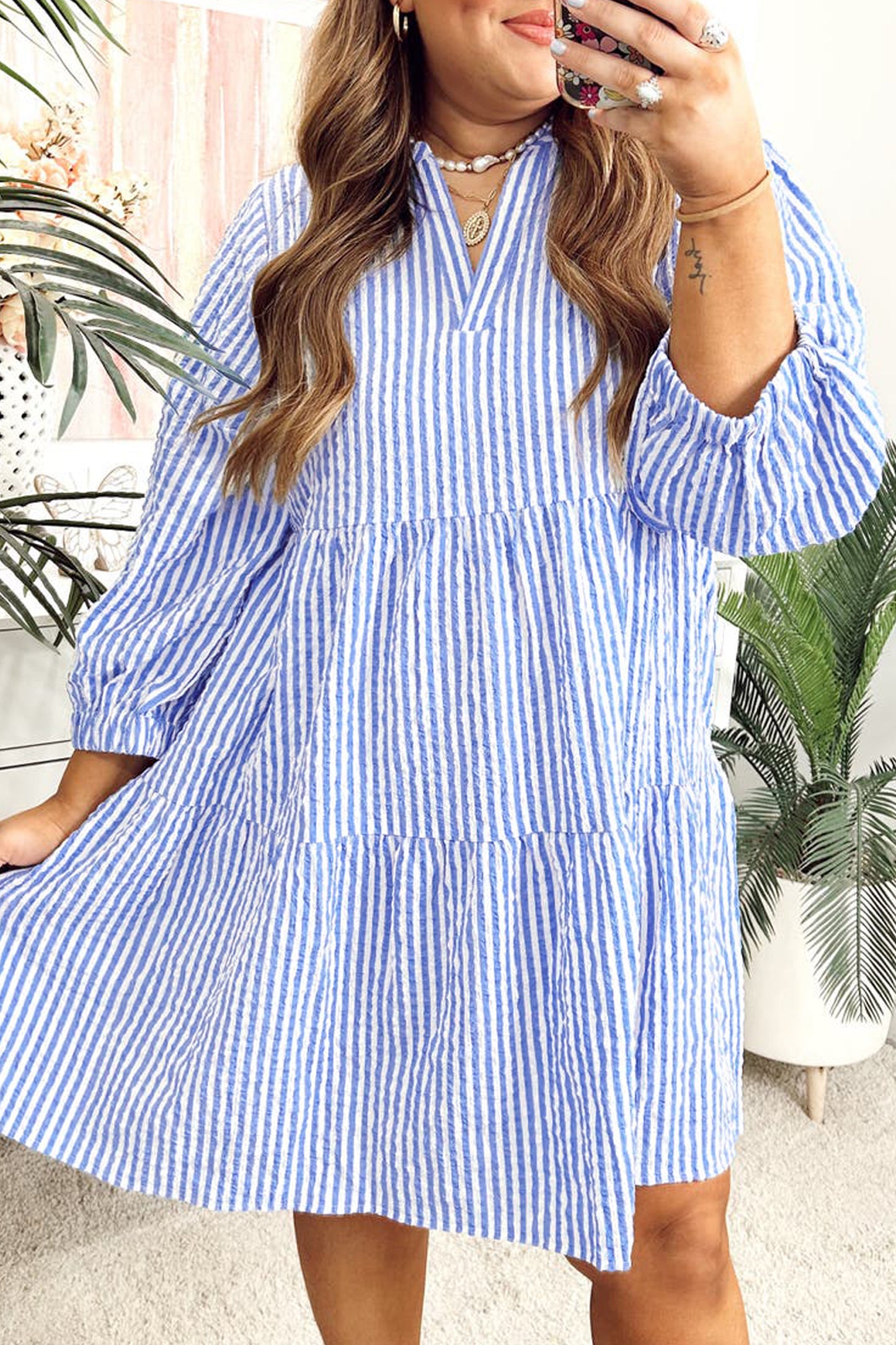 Sky Blue Stripe Seersucker Textured Notched Neck Long Puff Sleeve Tiered Curvy Dress