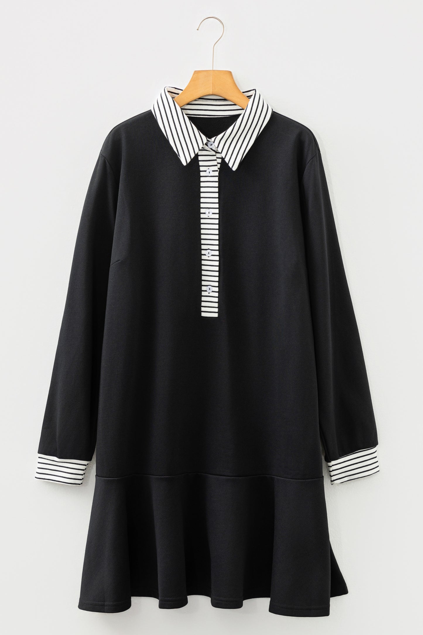 Black Plus Size Striped Cuffs Polo Collar Patchwork Long Sleeve Ruffle Hem Dress