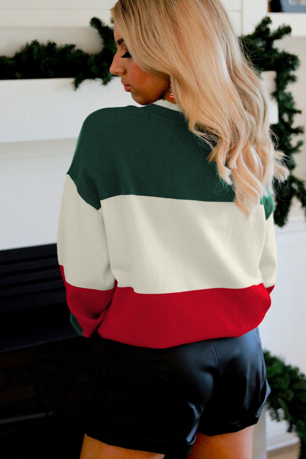 Green Sequined HOLLY JOLLY Color Block Crew Neck Sweater