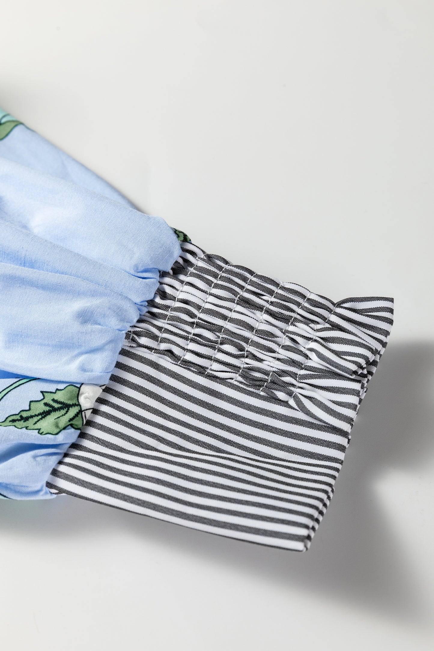 Sky Blue Floral Print Contrast Striped Trim Ruffled V Neck Fall Blouse