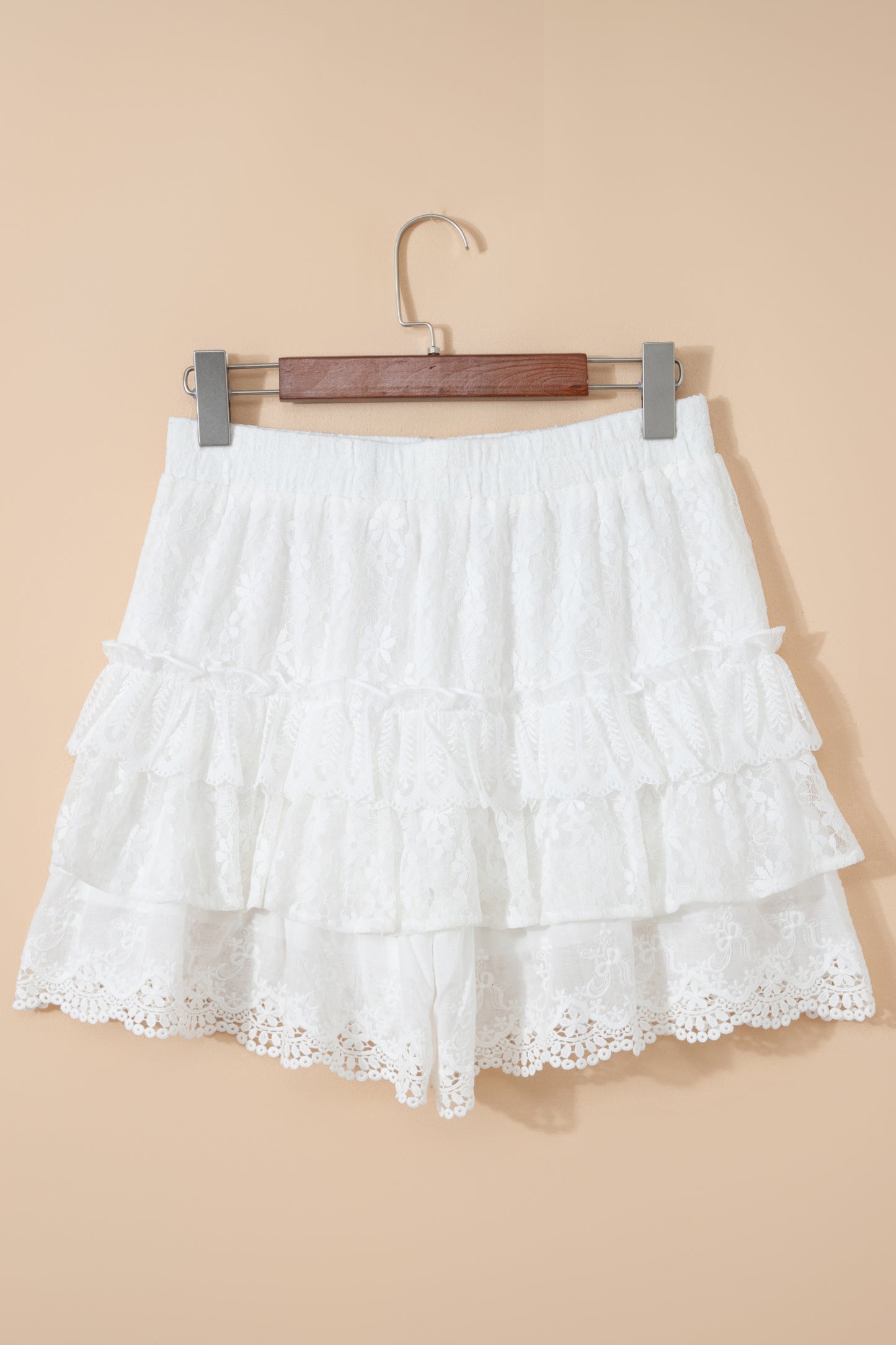White Lace Ruffle Tiered Drawstring Elastic Waist Sweet Shorts