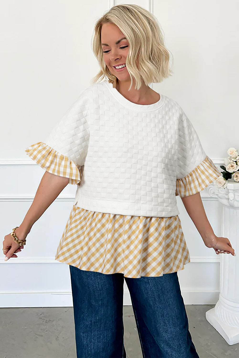 White Textured Checker Contrast Print Ruffled Sleeve Blouse