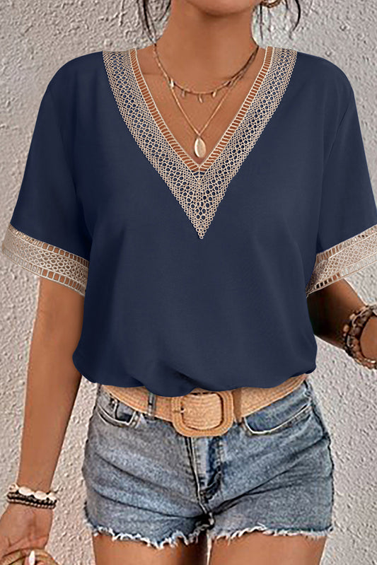 Blue Lace Trim V Neck Short Sleeve Blouse