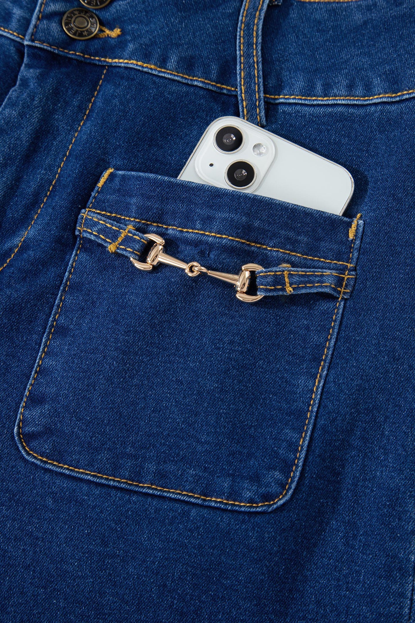 Sail Blue Hardware Decor Patched Pockets Wide Leg Denim Pants