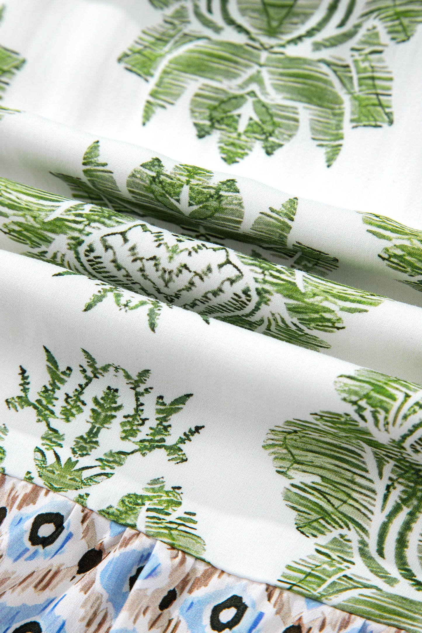 Green Floral Print Contrast Patchwork Ruffle Detail Mini Dress