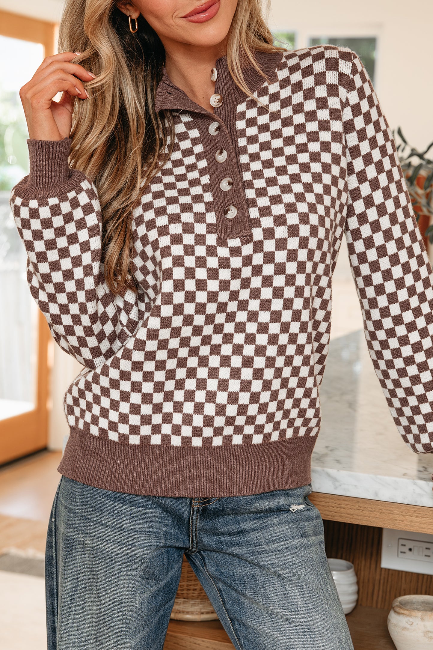 Dark Brown Half Button Ribbed Trim Checkerboard Knit Sweater