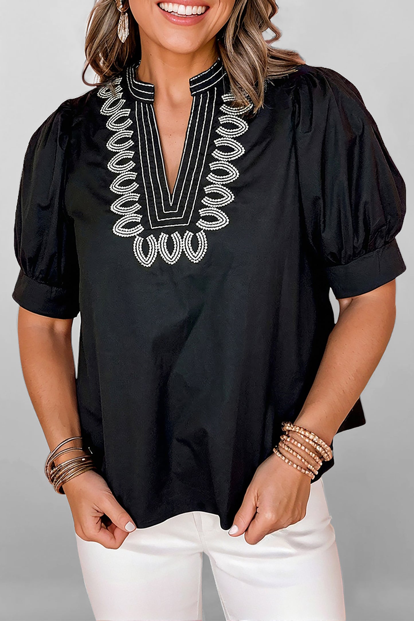 Black Short Puff Sleeve Contrast Embroidered Detail V Neck Blouse