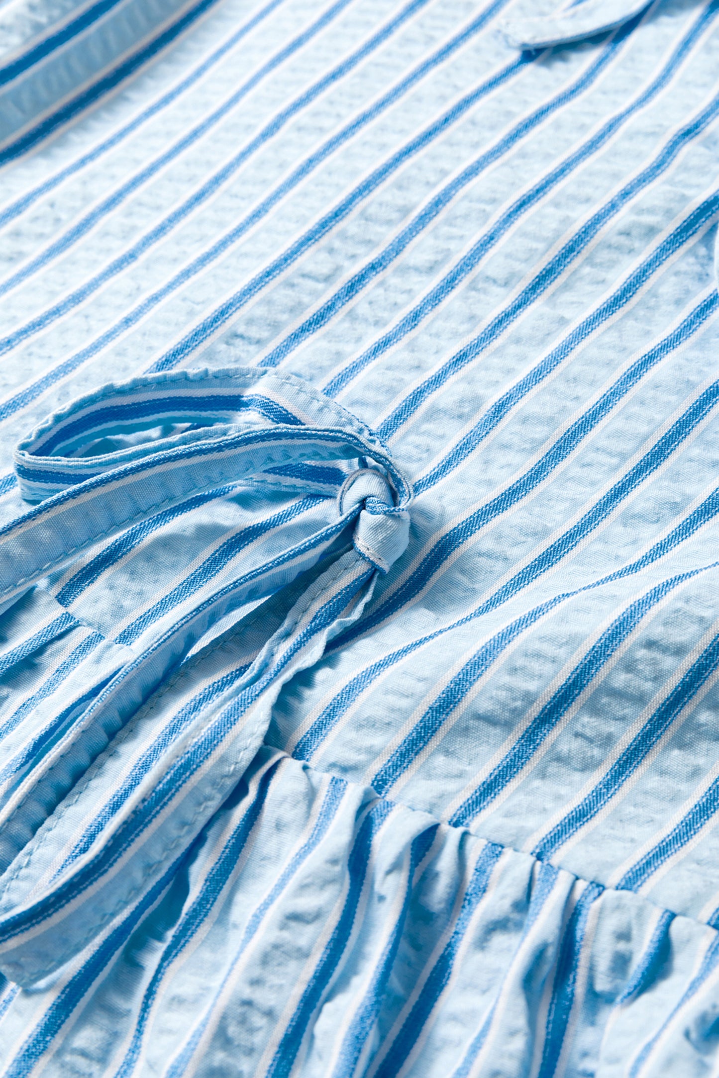 Sky Blue Stripe Bow Knot Textured Short Puff Sleeve Babydoll Blouse