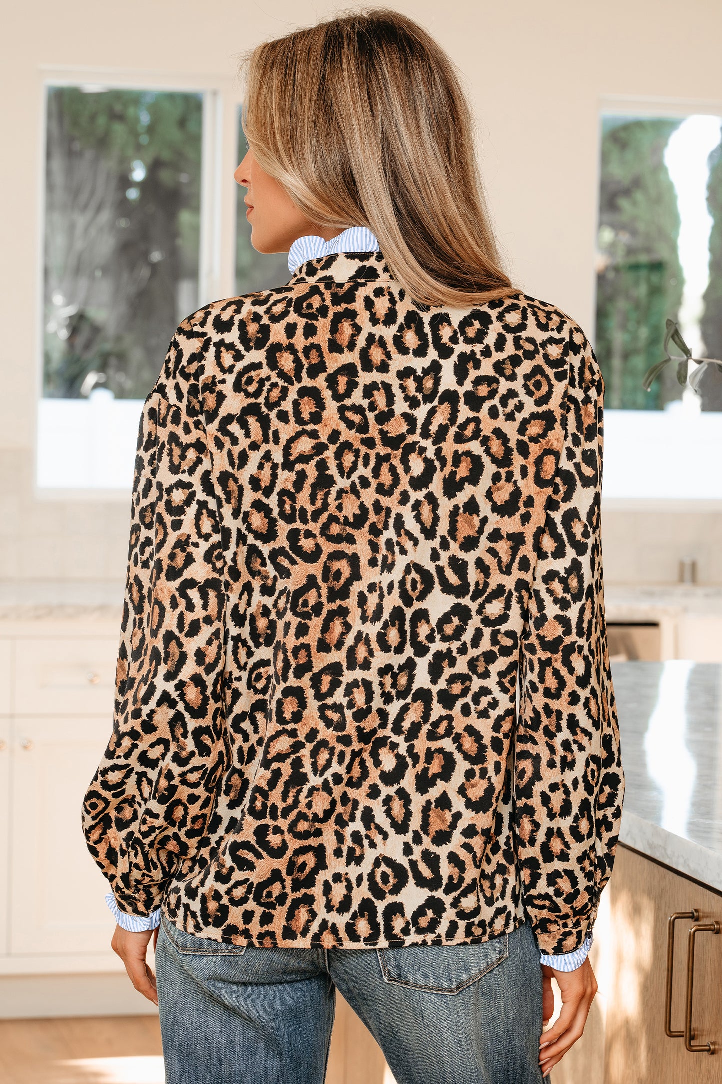 Brown Wild Leopard Print Contrast Striped Frilled Trim Chic Shirt