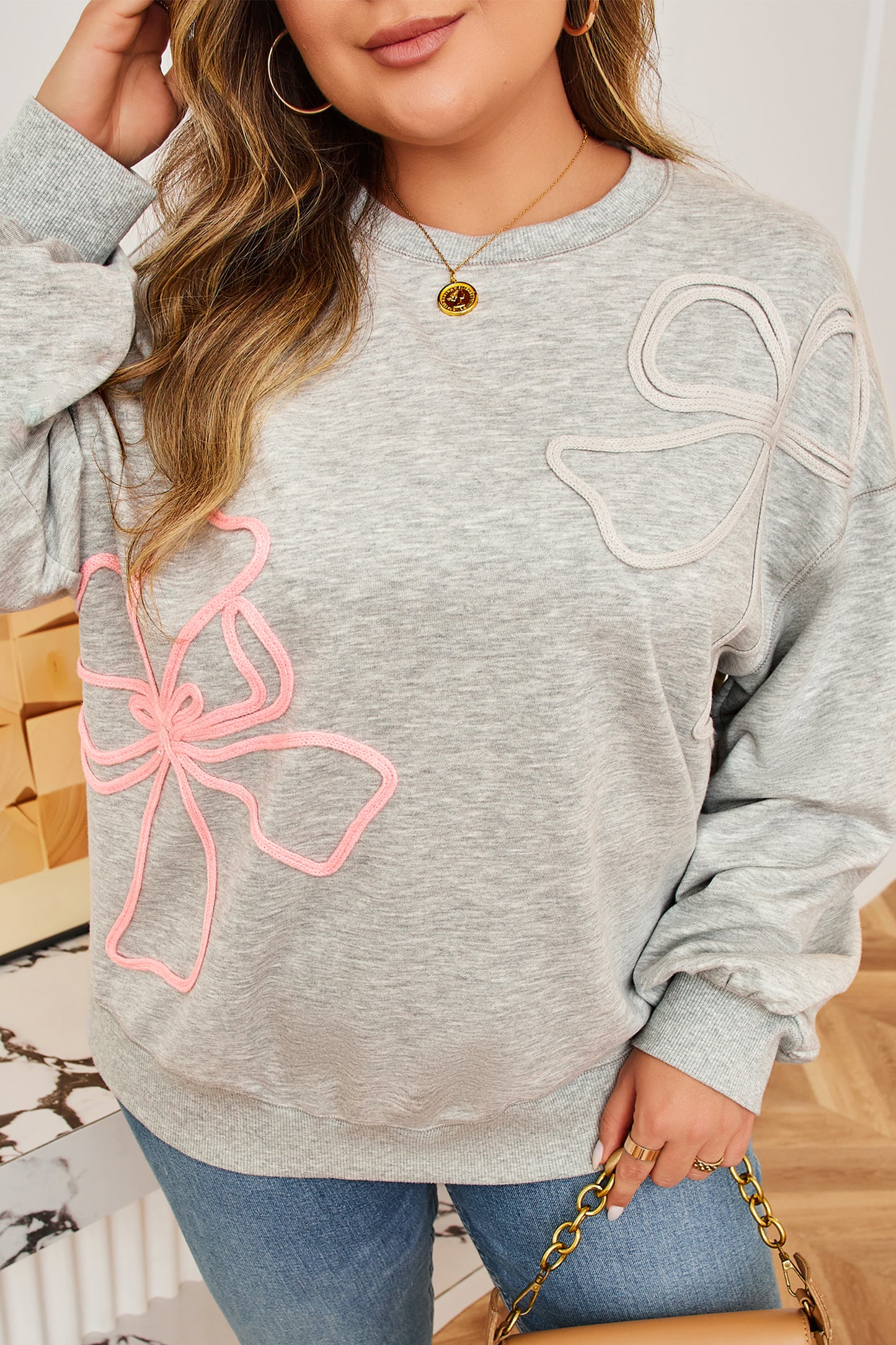 Light Grey Plus Size Thread Embroidered Drop Shoulder Round Neck Sweatshirt