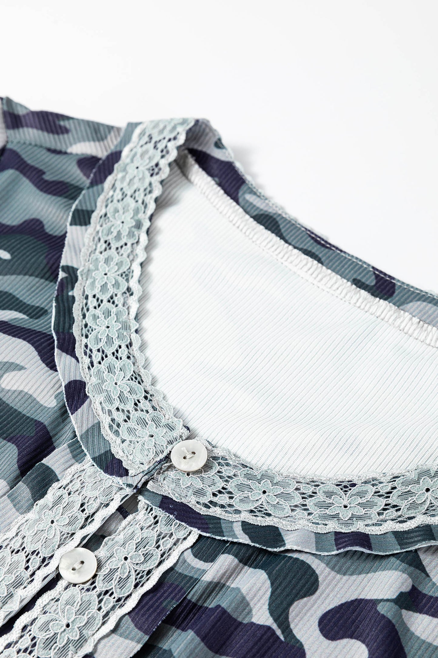 Green Camouflage Print Lace Patchwork Detail Button Long Sleeve Top