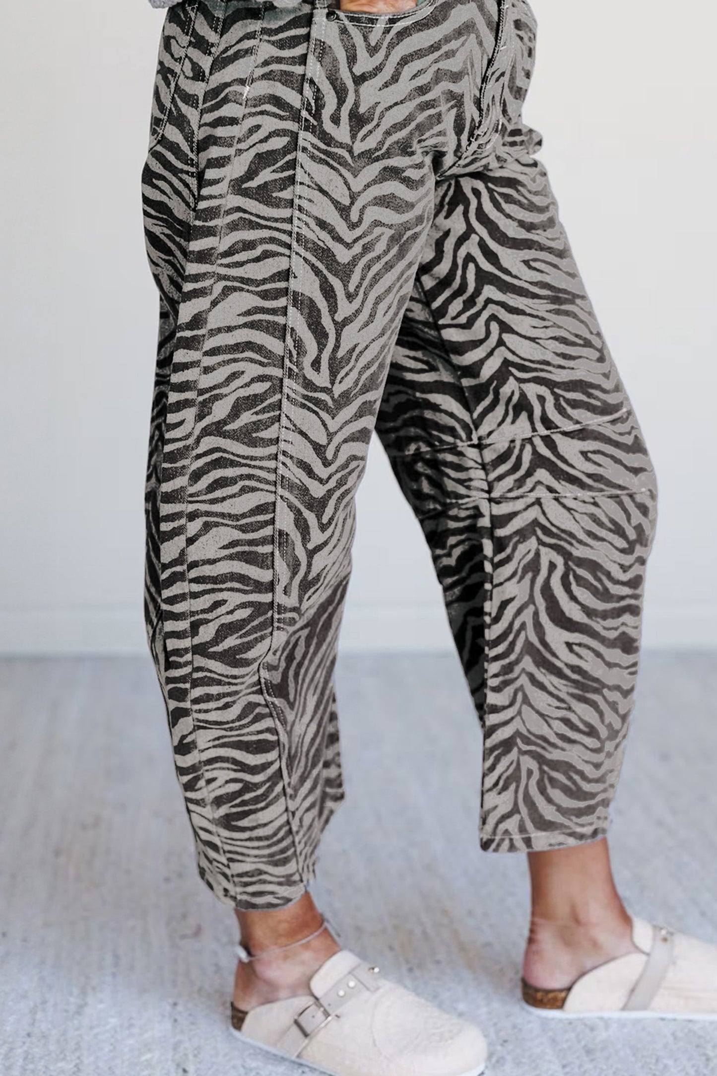 Gray Zebra Stripe Printed Wide Leg Jeans